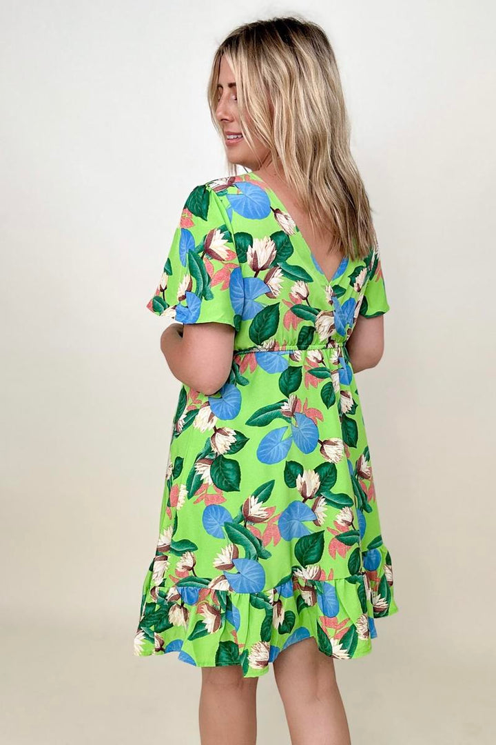 Tropical Print Flutter Sleeve Mini Dress