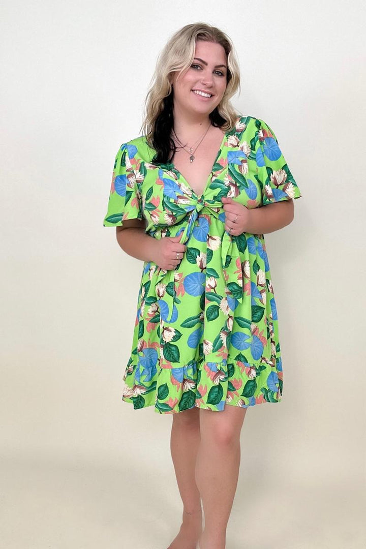 Tropical Print Flutter Sleeve Mini Dress