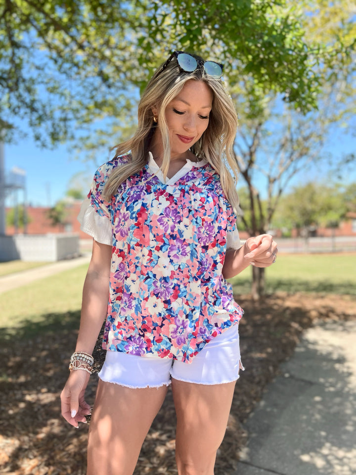 Flirty Floral Brushed Ruffle Sleeve Top