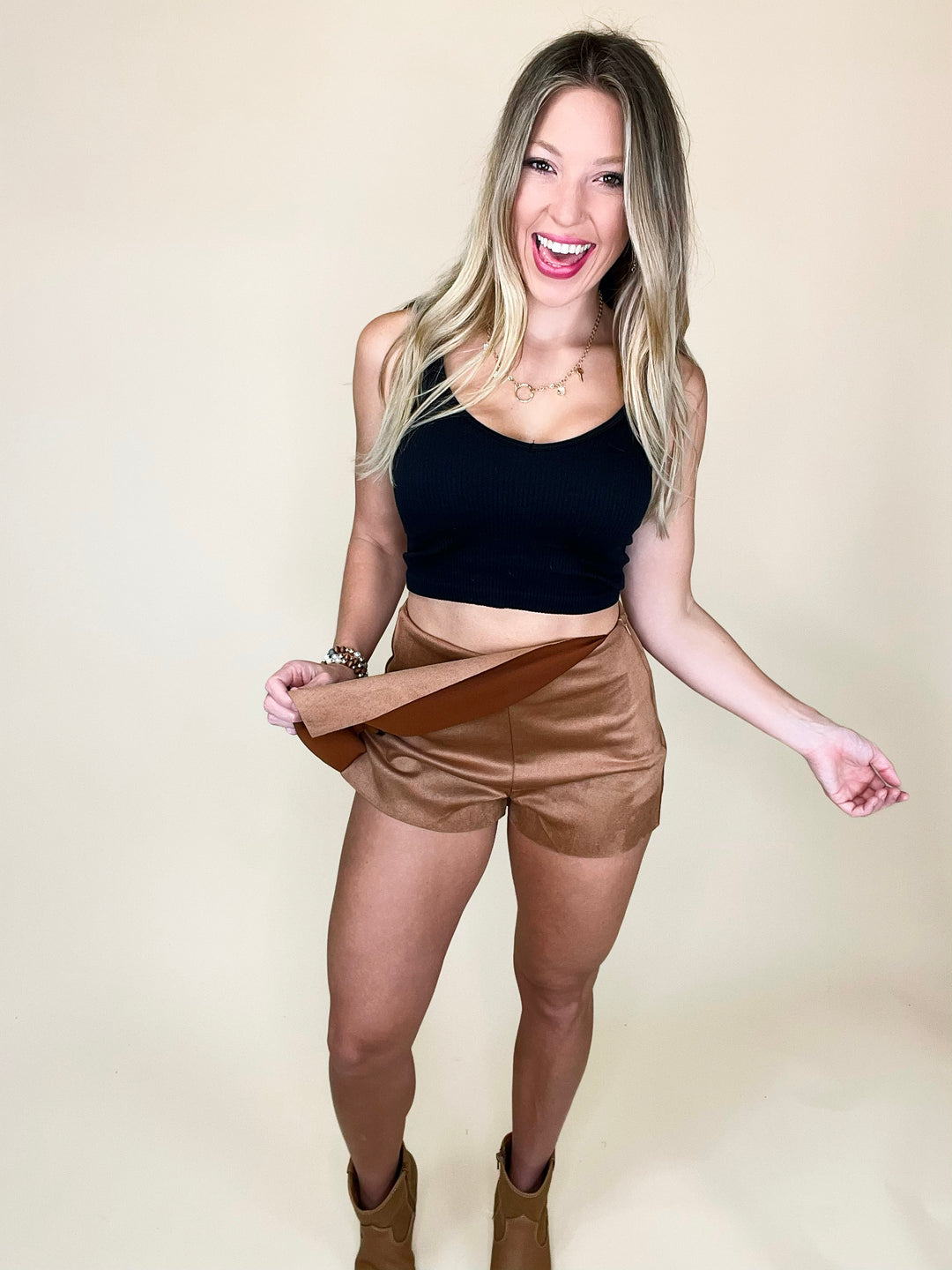 All My Love Faux Suede Skort in Camel