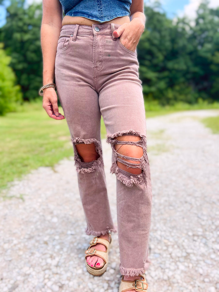 Savannah Destroyed Ankle Denim by Risen in Mauve