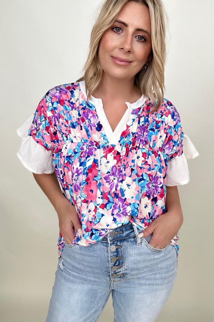 Flirty Floral Brushed Ruffle Sleeve Top