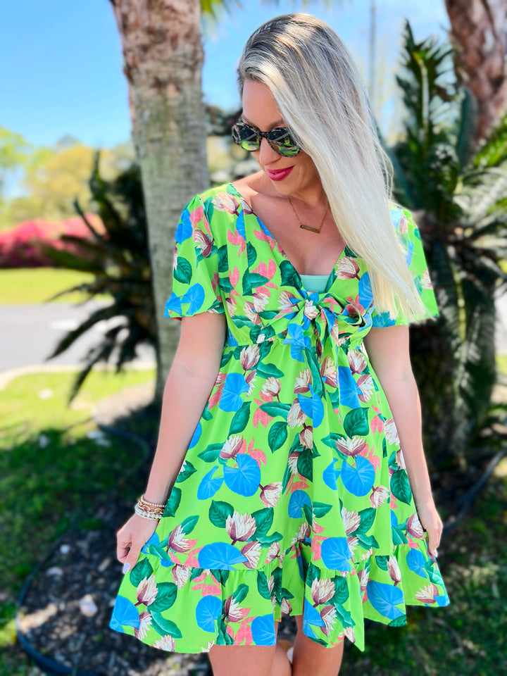 Tropical Print Flutter Sleeve Mini Dress