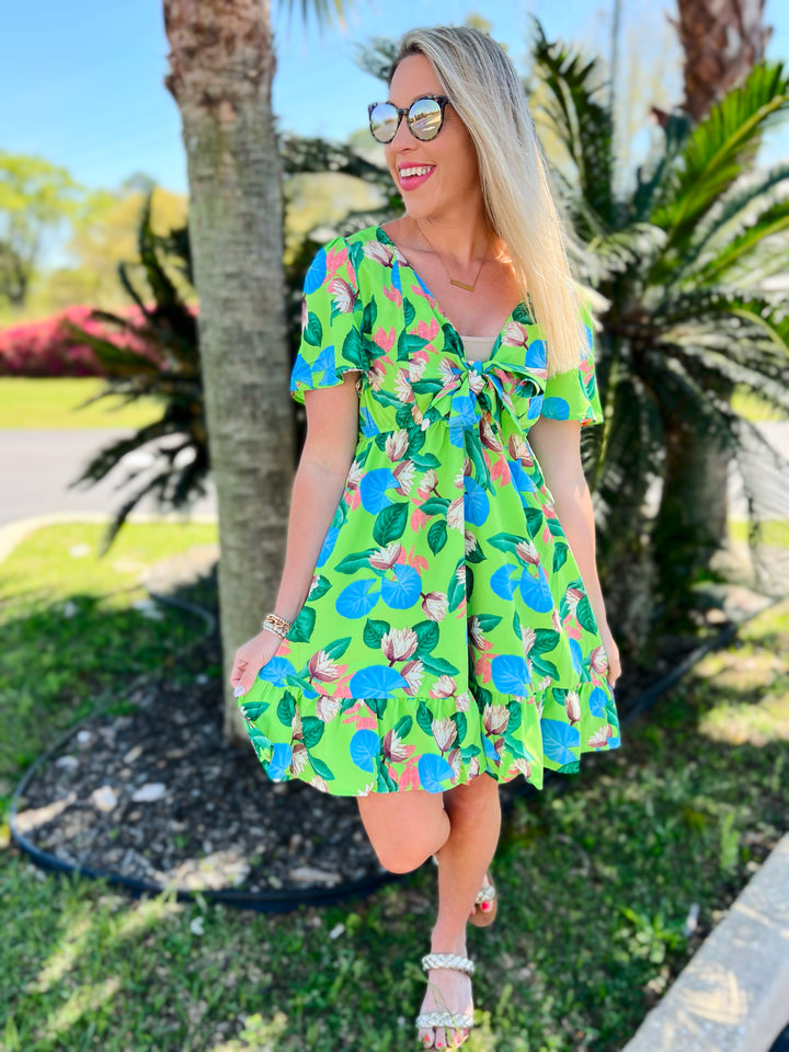 Tropical Print Flutter Sleeve Mini Dress