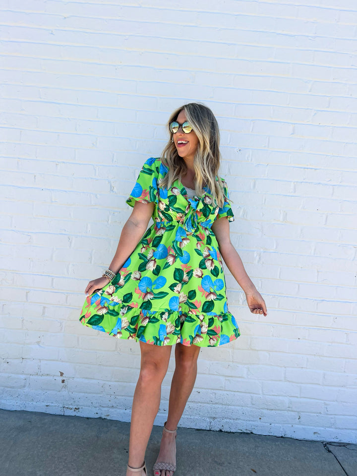 Tropical Print Flutter Sleeve Mini Dress