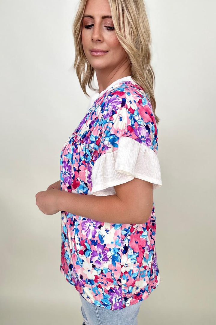 Flirty Floral Brushed Ruffle Sleeve Top