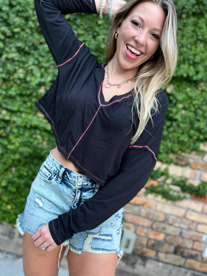 Low Key Weekends Cropped Long Sleeve Top