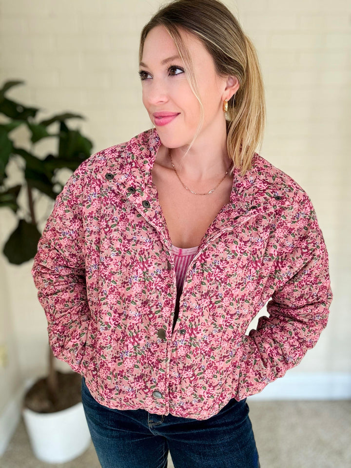 Wish Me Well Floral Printed Puffer Jacket in Rose