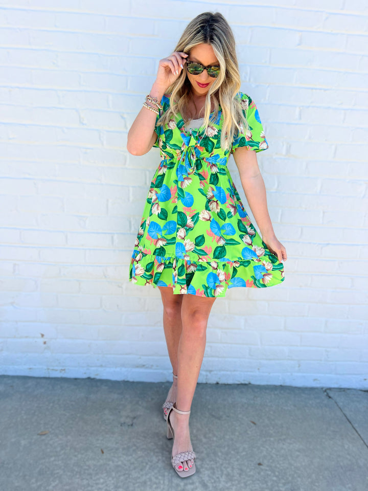 Tropical Print Flutter Sleeve Mini Dress