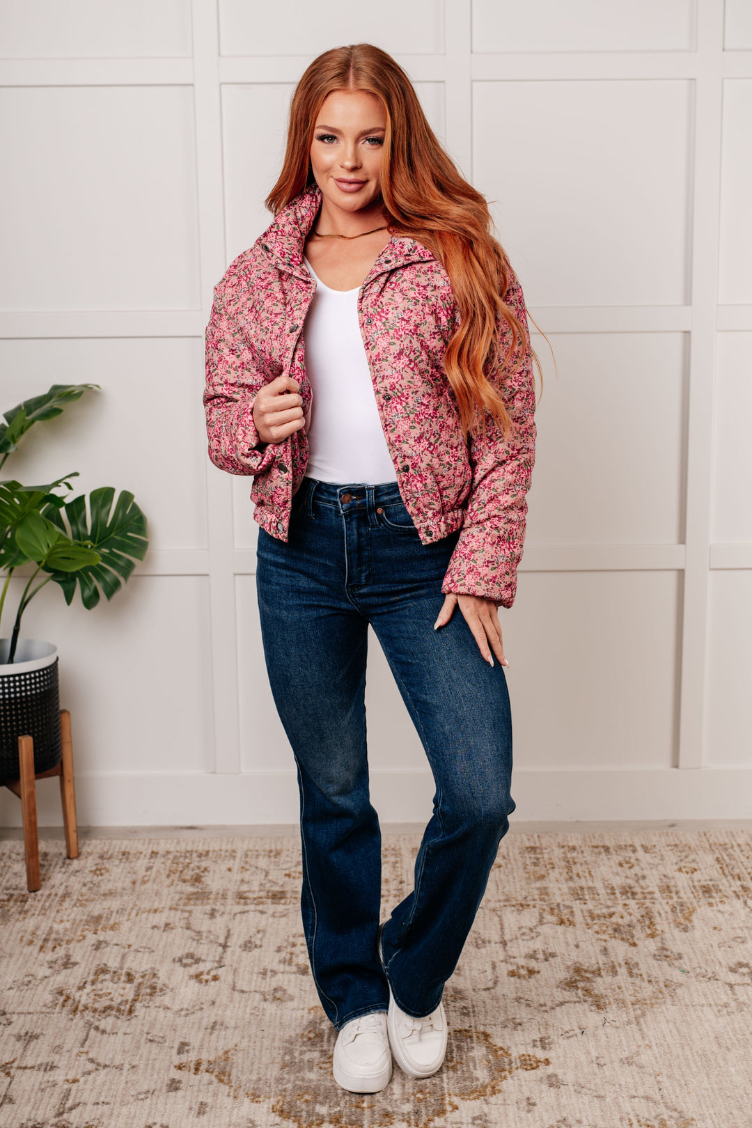 Wish Me Well Floral Printed Puffer Jacket in Rose