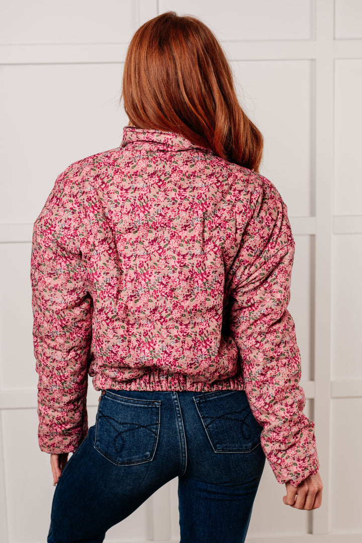 Wish Me Well Floral Printed Puffer Jacket in Rose