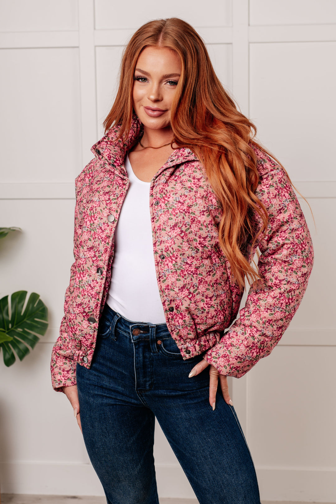 Wish Me Well Floral Printed Puffer Jacket in Rose