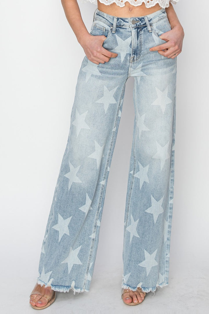 RISEN Full Size Raw Hem Star Wide Leg Jeans