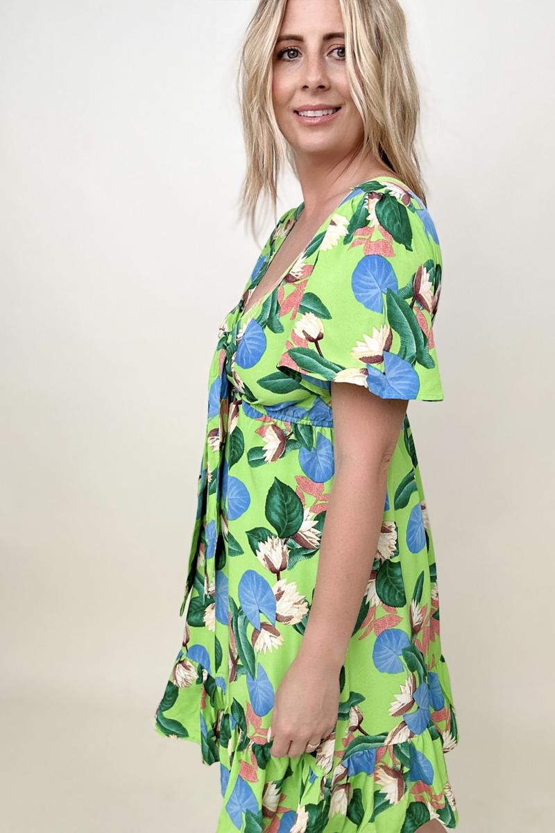 Tropical Print Flutter Sleeve Mini Dress