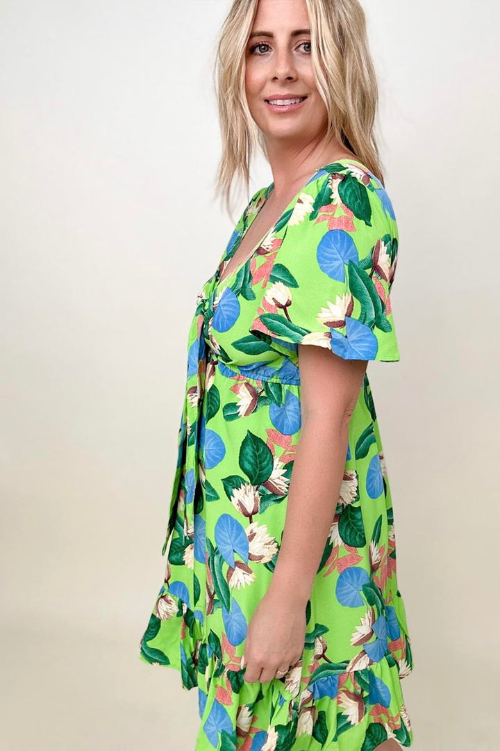 Tropical Print Flutter Sleeve Mini Dress