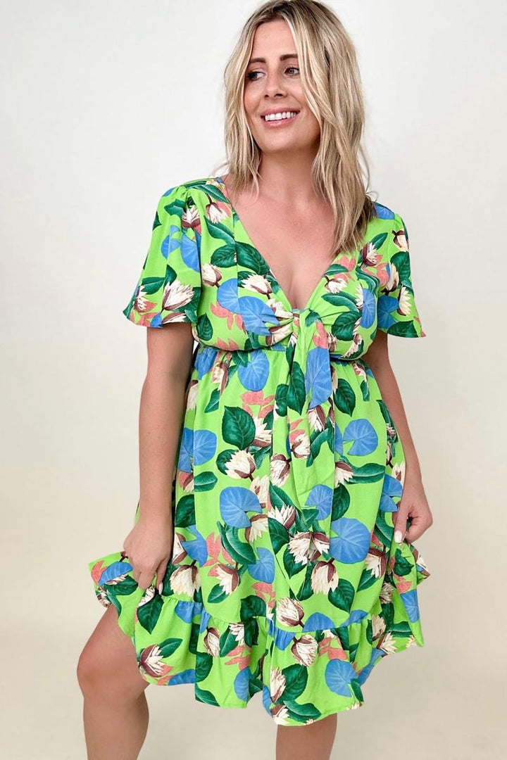 Tropical Print Flutter Sleeve Mini Dress