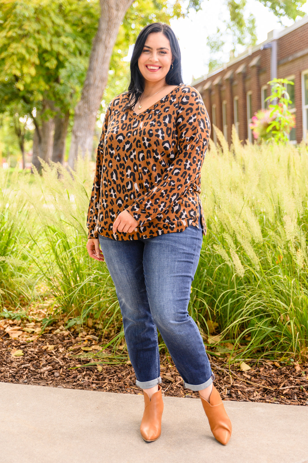 Just For Fun Long Sleeve V Neck Animal Print Top