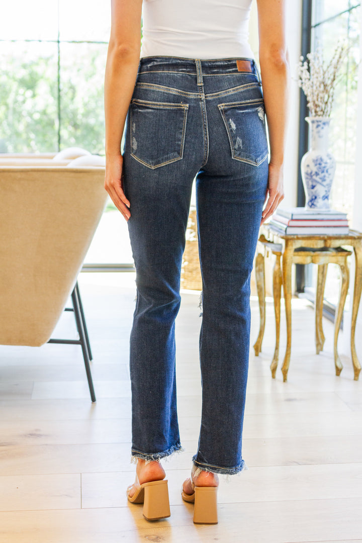 Sloane Mid Rise Heavy Destroyed Straight Jeans